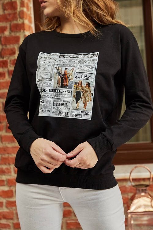 Siyah Gazete Baskılı Sweatshirt 9YXK8-41842-02 - 1