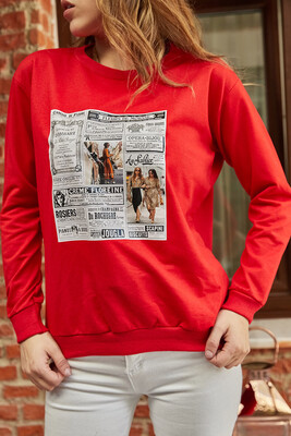 Kırmızı Gazete Baskılı Sweatshirt 9YXK8-41842-04 