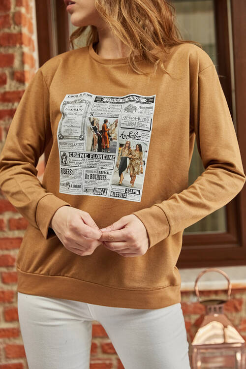 Kahverengi Gazete Baskılı Sweatshirt 9YXK8-41842-18 - 1