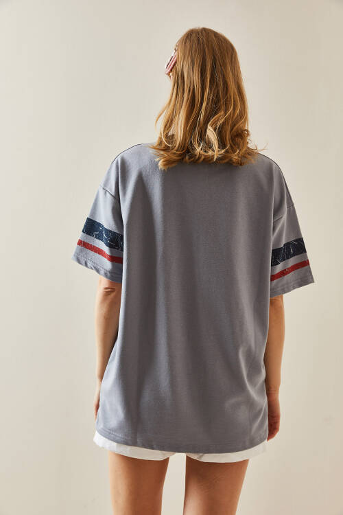 Gri Baskılı Bisiklet Yaka Oversize Tişört 5YXK1-48005-03 - 5