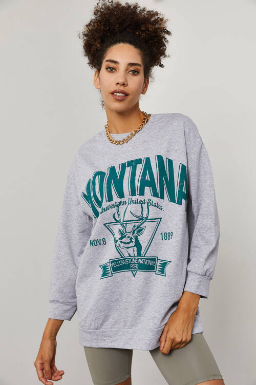 Gri Baskılı Detaylı Kapüşonlü Sweatshirt 3YXK8-47143-03 - 1