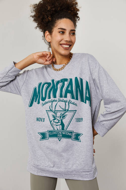 Gri Baskılı Detaylı Kapüşonlü Sweatshirt 3YXK8-47143-03 - 3