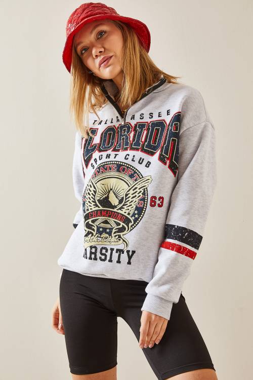 Gri Baskılı & Fermuarlı Sweatshirt 4KXK8-47769-03 - 4