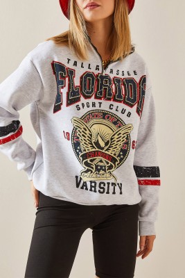 XHAN - Gri Baskılı & Fermuarlı Sweatshirt 4KXK8-47769-03