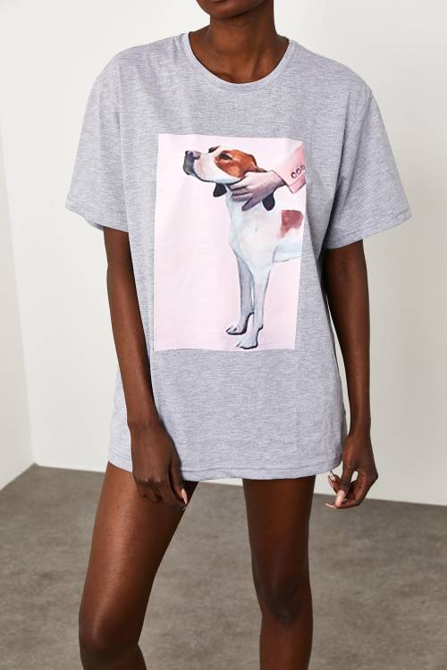 XHAN - Gri Baskılı Salaş T-Shirt 3KXK1-46582-03