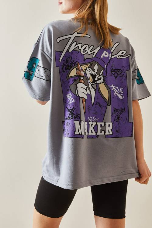 Gri Bisiklet Yaka Arkası Baskılı Oversize Tişört 4KXK1-47898-03 - 1