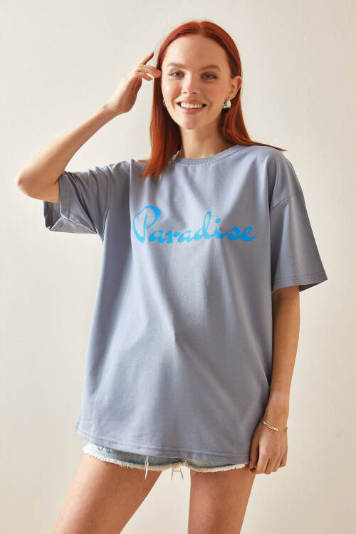 Gri Bisiklet Yaka Arkası Baskılı Oversize Tişört 5YXK1-48210-03 - 4