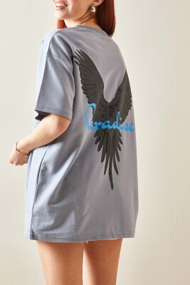 Gri Bisiklet Yaka Arkası Baskılı Oversize Tişört 5YXK1-48210-03 