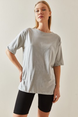 Gri Bisiklet Yaka Basic Oversize Tişört 4KXK1-47895-03 