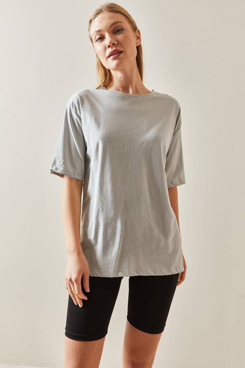 Gri Bisiklet Yaka Basic Oversize Tişört 4KXK1-47895-03 - 3