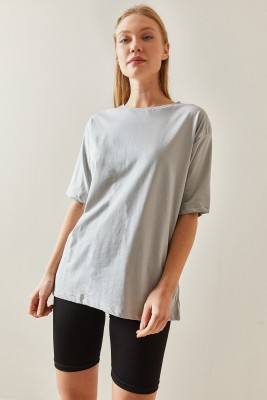 Gri Bisiklet Yaka Basic Oversize Tişört 4KXK1-47895-03 - 4