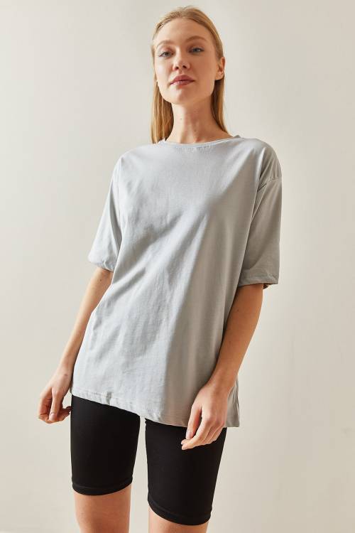 Gri Bisiklet Yaka Basic Oversize Tişört 4KXK1-47895-03 - 4