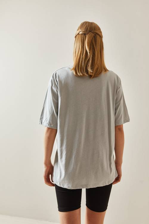 Gri Bisiklet Yaka Basic Oversize Tişört 4KXK1-47895-03 - 5