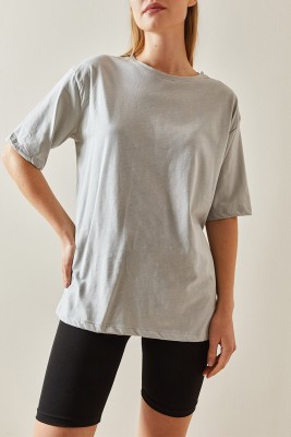 Gri Bisiklet Yaka Basic Oversize Tişört 4KXK1-47895-03 - 2