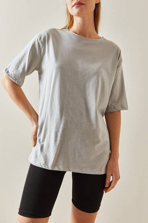 Gri Bisiklet Yaka Basic Oversize Tişört 4KXK1-47895-03 - 2