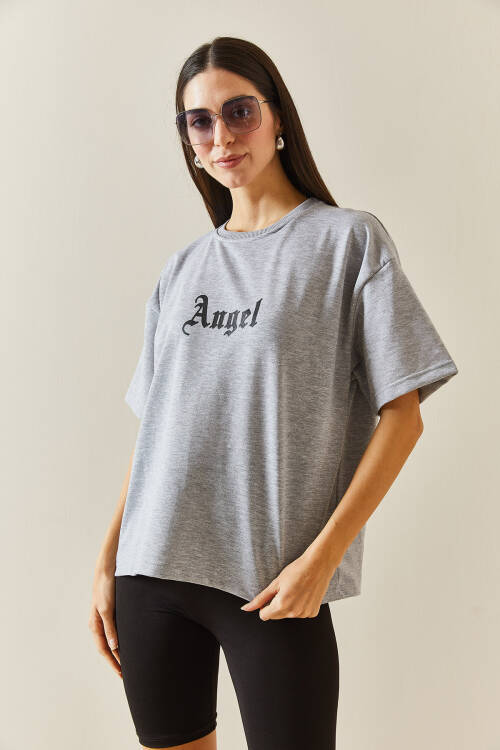 Gri Bisiklet Yaka Baskılı Tişört 5YXK1-48334-03 - 3