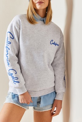 Gri Bisiklet Yaka Kolları Detaylı Sweatshirt 4KXK8-47751-03 