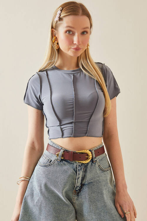 Gri Bisiklet Yaka Likralı Crop Basic Bluz 5YXK2-48069-03 - 6