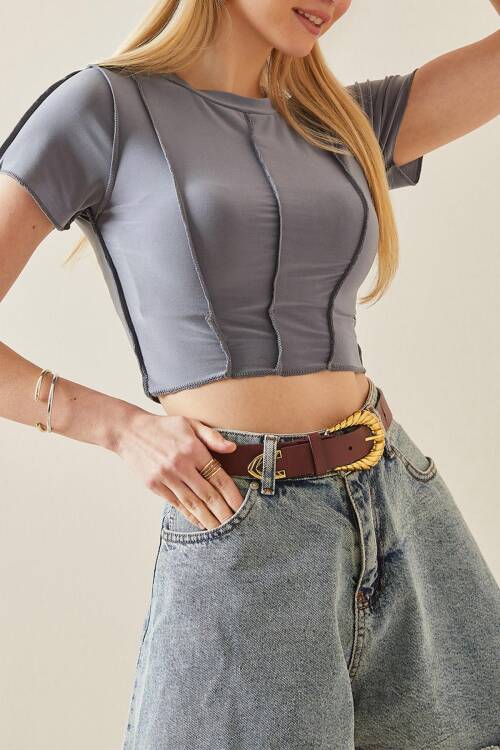 Gri Bisiklet Yaka Likralı Crop Basic Bluz 5YXK2-48069-03 - 1