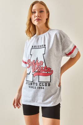 Gri Bisiklet Yaka Önü Baskılı Oversize Tişört 4KXK1-47926-03 - 3