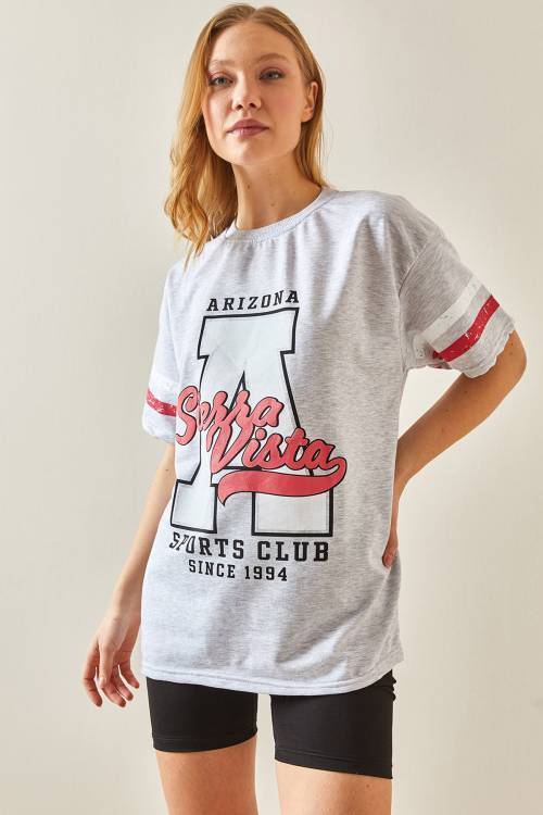 Gri Bisiklet Yaka Önü Baskılı Oversize Tişört 4KXK1-47926-03 - 3