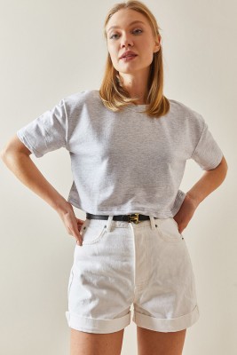 Gri Bisiklet Yaka Oversize Crop Tişört 4KXK1-47899-03 