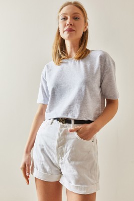 Gri Bisiklet Yaka Oversize Crop Tişört 4KXK1-47899-03 - 3