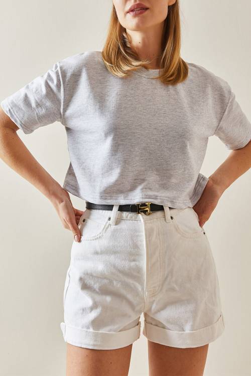 Gri Bisiklet Yaka Oversize Crop Tişört 4KXK1-47899-03 - 1