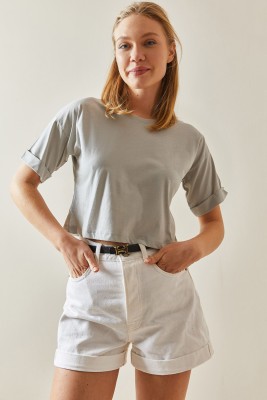 Gri Bisiklet Yaka Oversize Kolları Katlı Crop Tişört 4KXK1-47900-03 