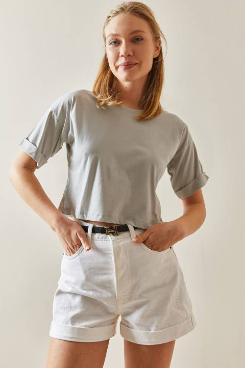 Gri Bisiklet Yaka Oversize Kolları Katlı Crop Tişört 4KXK1-47900-03 - 1