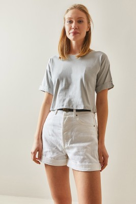 Gri Bisiklet Yaka Oversize Kolları Katlı Crop Tişört 4KXK1-47900-03 - 3