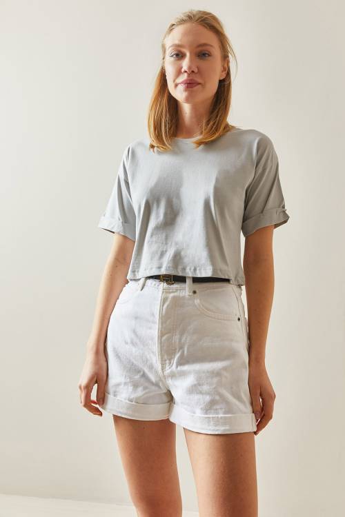 Gri Bisiklet Yaka Oversize Kolları Katlı Crop Tişört 4KXK1-47900-03 - 3
