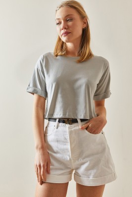 Gri Bisiklet Yaka Oversize Kolları Katlı Crop Tişört 4KXK1-47900-03 - 4