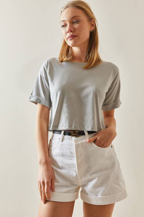 Gri Bisiklet Yaka Oversize Kolları Katlı Crop Tişört 4KXK1-47900-03 - 4