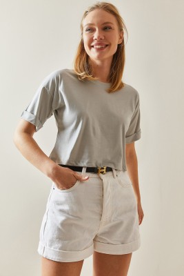Gri Bisiklet Yaka Oversize Kolları Katlı Crop Tişört 4KXK1-47900-03 - 5