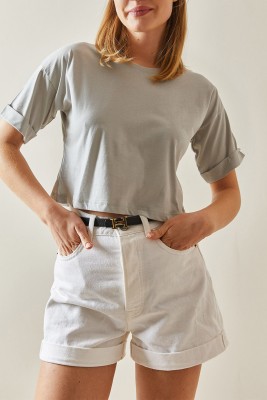 Gri Bisiklet Yaka Oversize Kolları Katlı Crop Tişört 4KXK1-47900-03 - 2