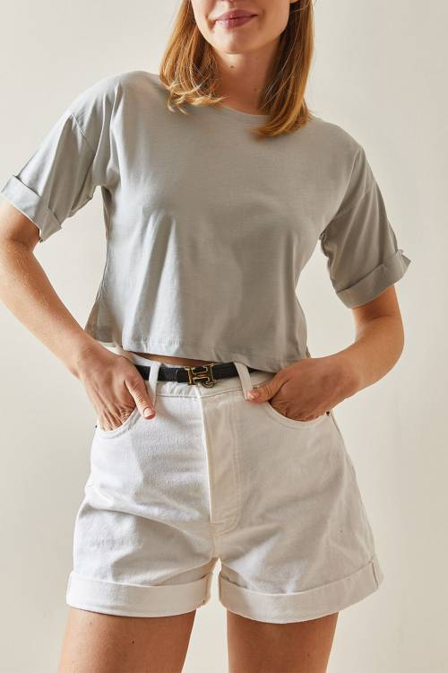 Gri Bisiklet Yaka Oversize Kolları Katlı Crop Tişört 4KXK1-47900-03 - 2