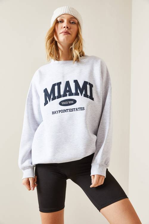 Gri Bisiklet Yaka & Şardonlu Oversize Sweatshirt 4KXK8-47718-03 - 5