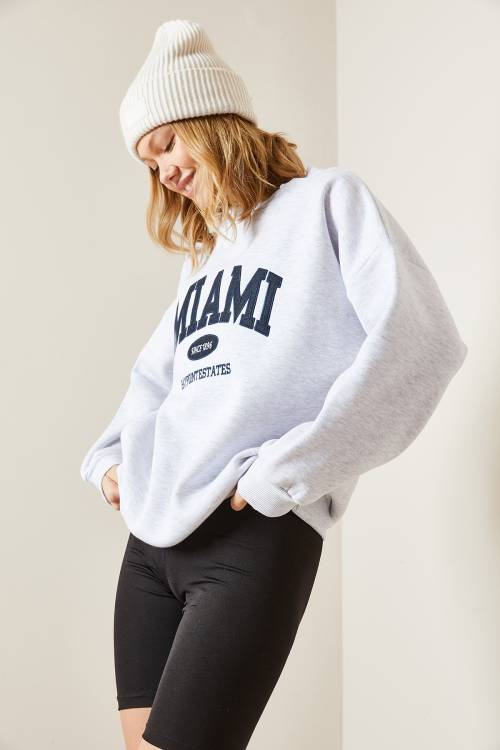Gri Bisiklet Yaka & Şardonlu Oversize Sweatshirt 4KXK8-47718-03 - 6