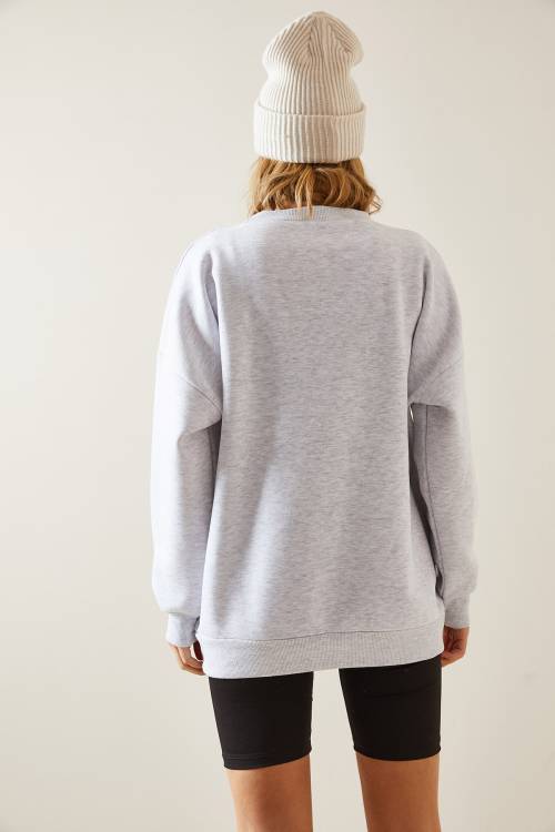 Gri Bisiklet Yaka & Şardonlu Oversize Sweatshirt 4KXK8-47718-03 - 7
