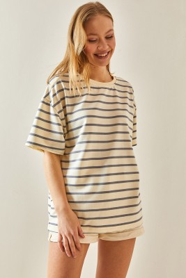 Gri Çizgili & Bisiklet Yaka Oversize Tişört 4KXK1-47928-03 - 4