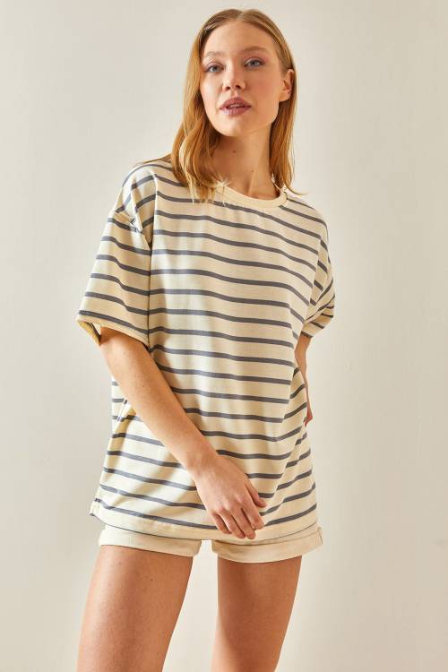Gri Çizgili & Bisiklet Yaka Oversize Tişört 4KXK1-47928-03 - 5