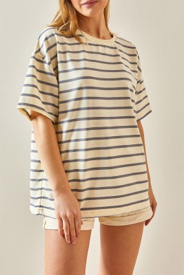 Gri Çizgili & Bisiklet Yaka Oversize Tişört 4KXK1-47928-03 