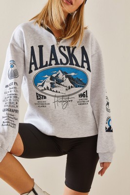 XHAN - Gri Dik Yaka Fermuarlı Sweatshirt 4KXK8-47770-03