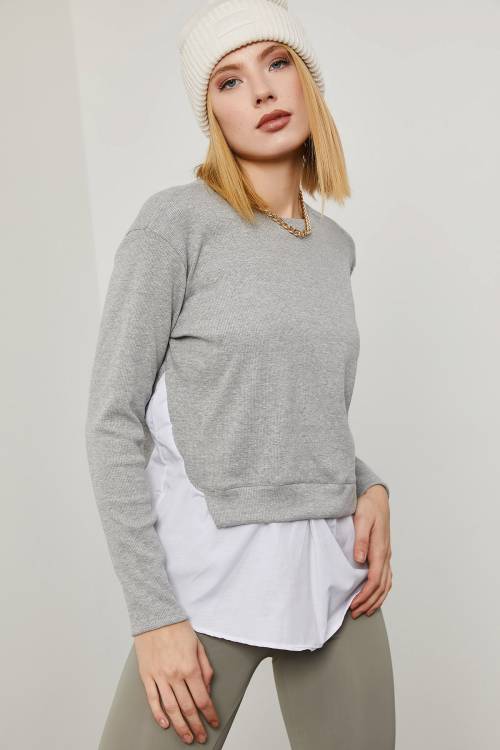 Gri Eteği Dokuma Sweatshirt 2KXK2-45807-03 - 1