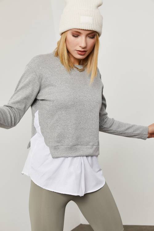 Gri Eteği Dokuma Sweatshirt 2KXK2-45807-03 - 2