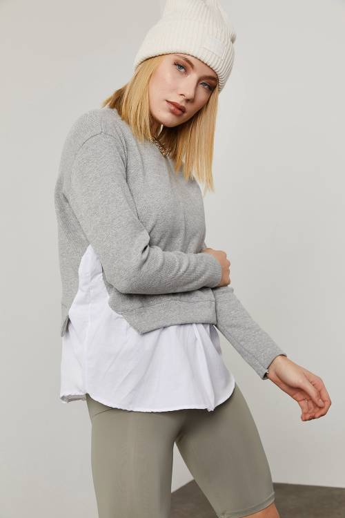 Gri Eteği Dokuma Sweatshirt 2KXK2-45807-03 - 5
