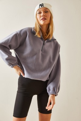 Gri Fermuarlı Dik Yaka Polar Sweatshirt 4KXK8-47854-03 - 2