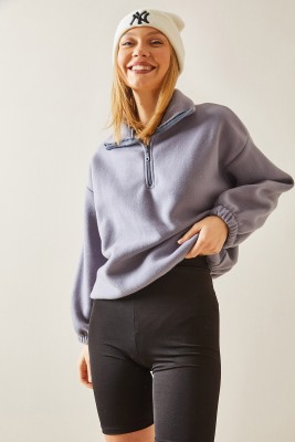 Gri Fermuarlı Dik Yaka Polar Sweatshirt 4KXK8-47854-03 - 3