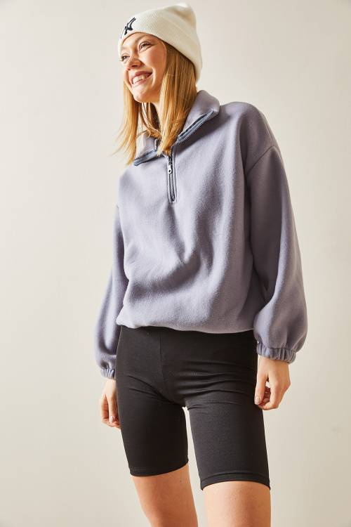 Gri Fermuarlı Dik Yaka Polar Sweatshirt 4KXK8-47854-03 - 4
